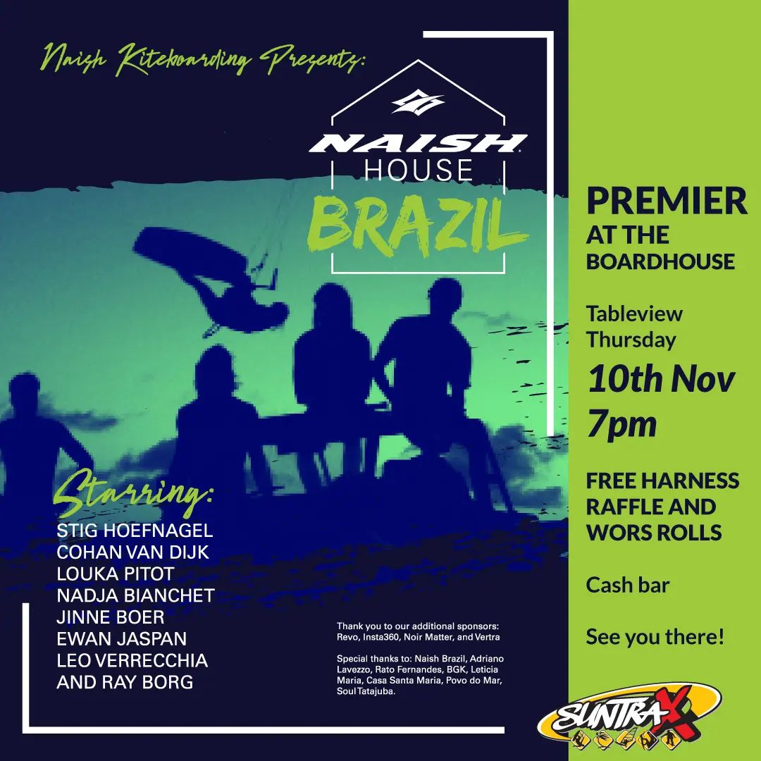 TOMORROW Naish House Brazil watch party
Where : @boardhousecpt 
When : Thursday 10th
Time: 7pm
Free Boerewors rolls (vegan option available)
Free harness raffle, grab a free raffle ticket at the venue next to the dj booth
Cash bar on site